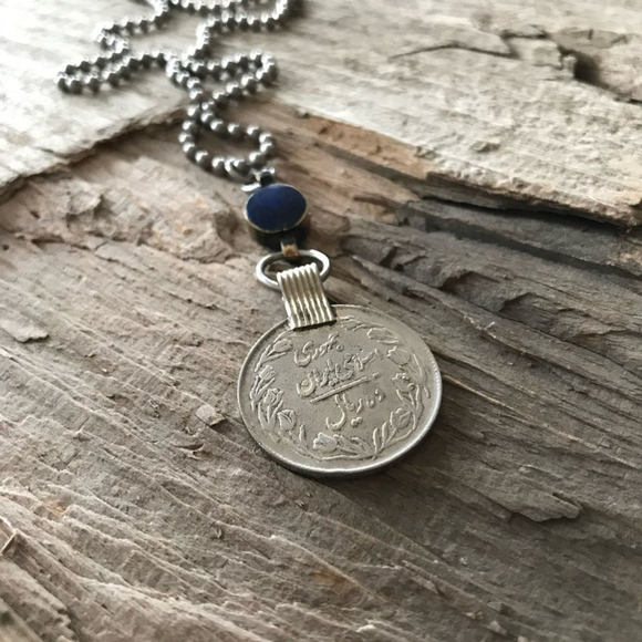 Rustic Lapis Lazuli Ethnic Coin Charm Necklace - 30 Inch Chain - Picture 3 of 12